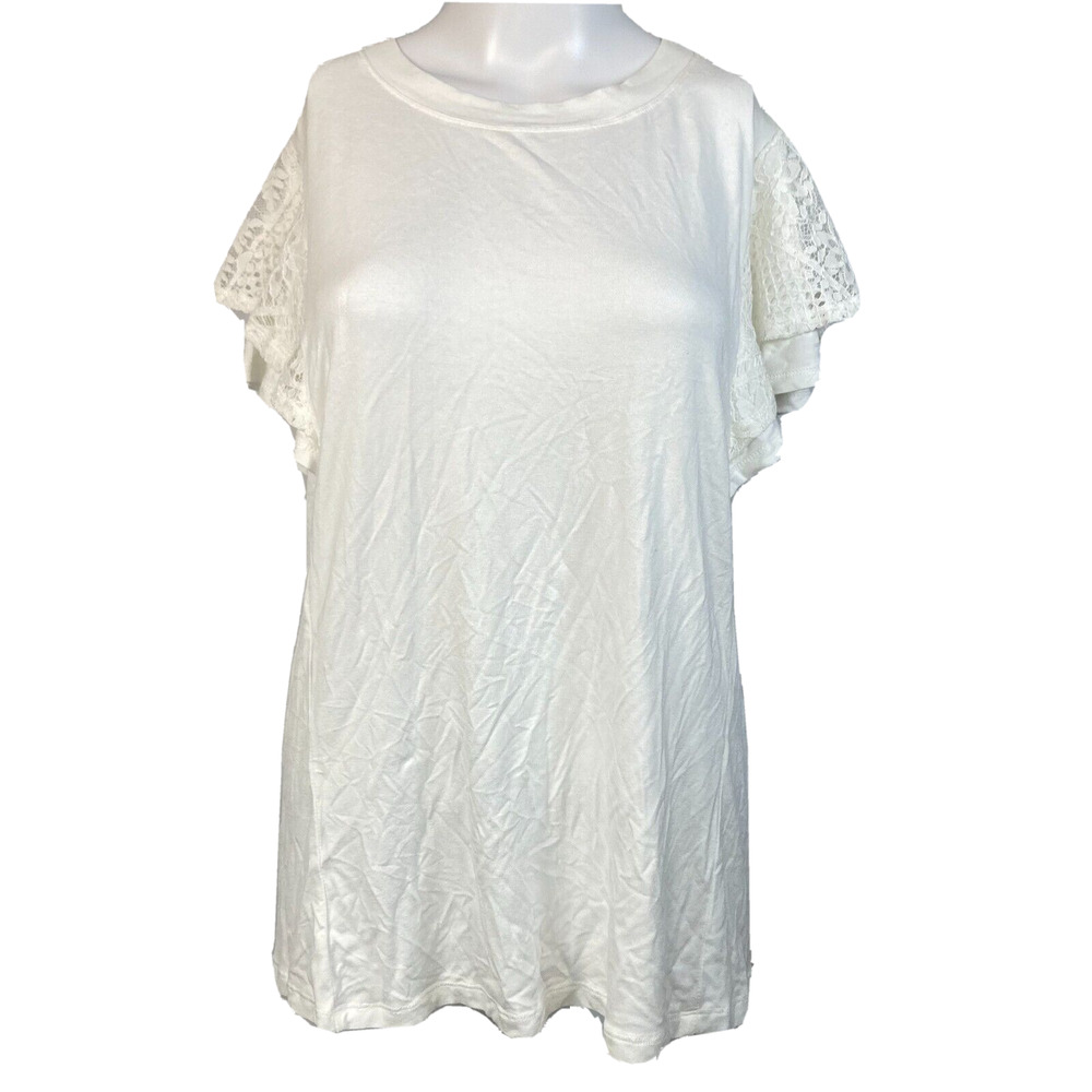 Kate & Sam Shirt Womens Sz S White Lace Overlay‎ Flutter Sleeve Tee Stretch